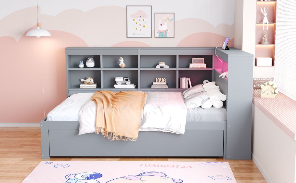 Solid Wood Sofa 140x200cm, Extra Large Drawers, USB, LED, Grey