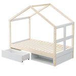 Wooden Bed with Drawers, Shoe Cabinet and LED Lighting, 90x190cm, Wood Color