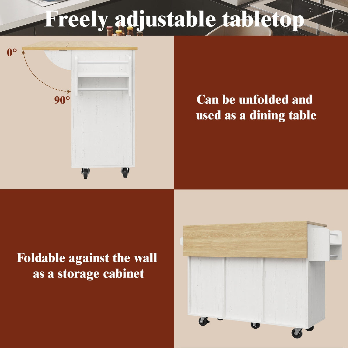 Dining Cart Kitchen Island - Multifunctional Extendable Table Storage - White Wood Grain
