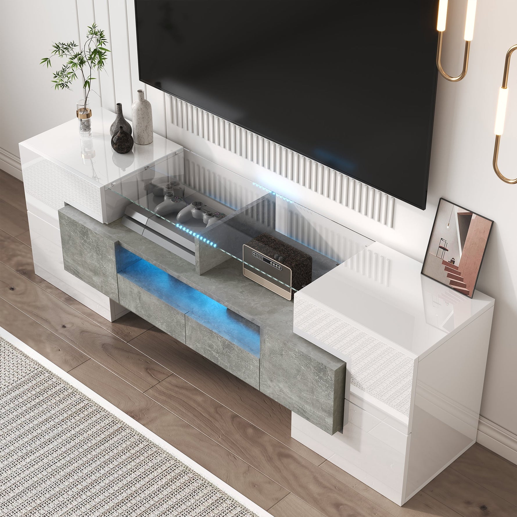 TV Cabinet Lowboard 145cm LED Lighting Modern High-Gloss White