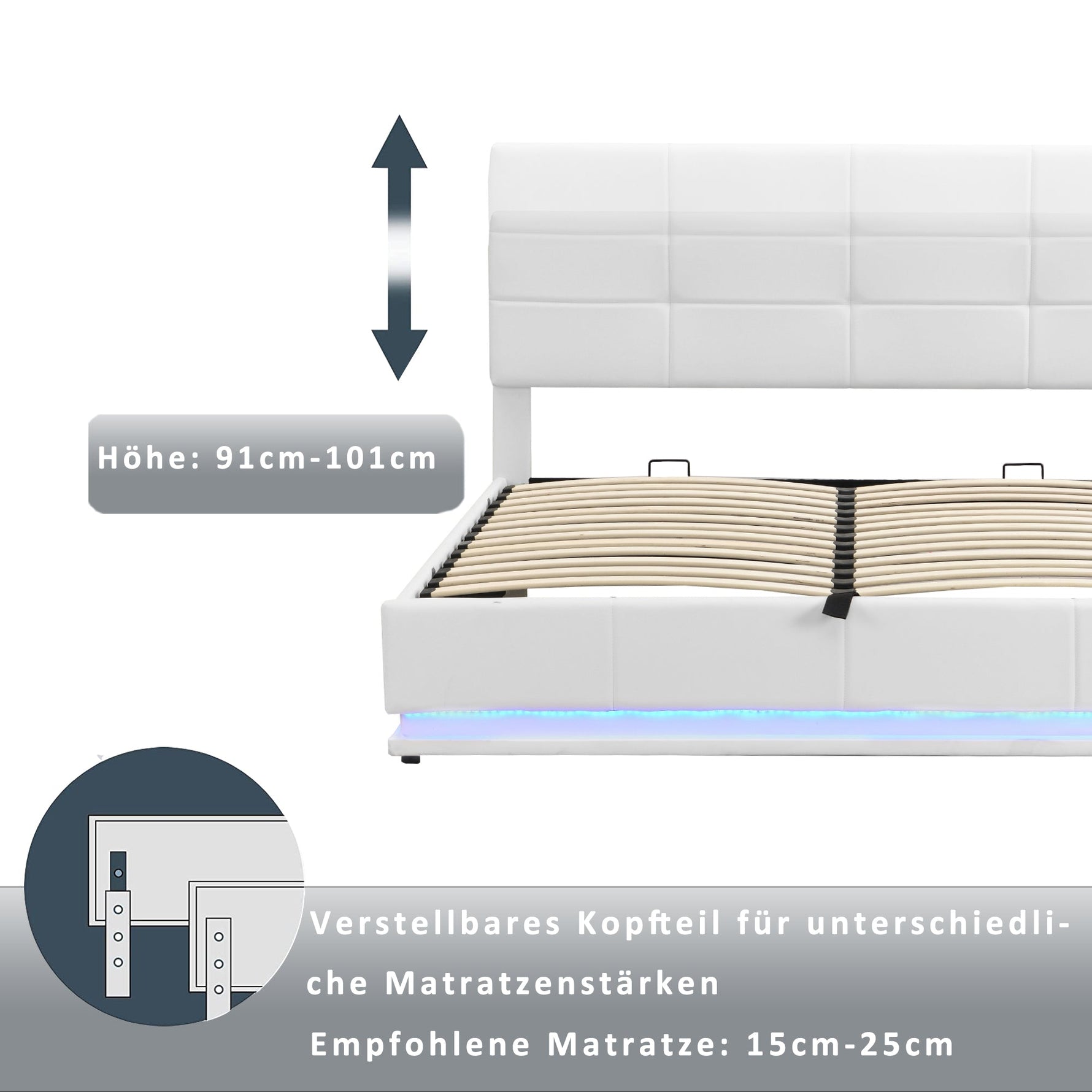 Upholstered Bed 180x200cm Hydraulic Storage LED Faux Leather - White