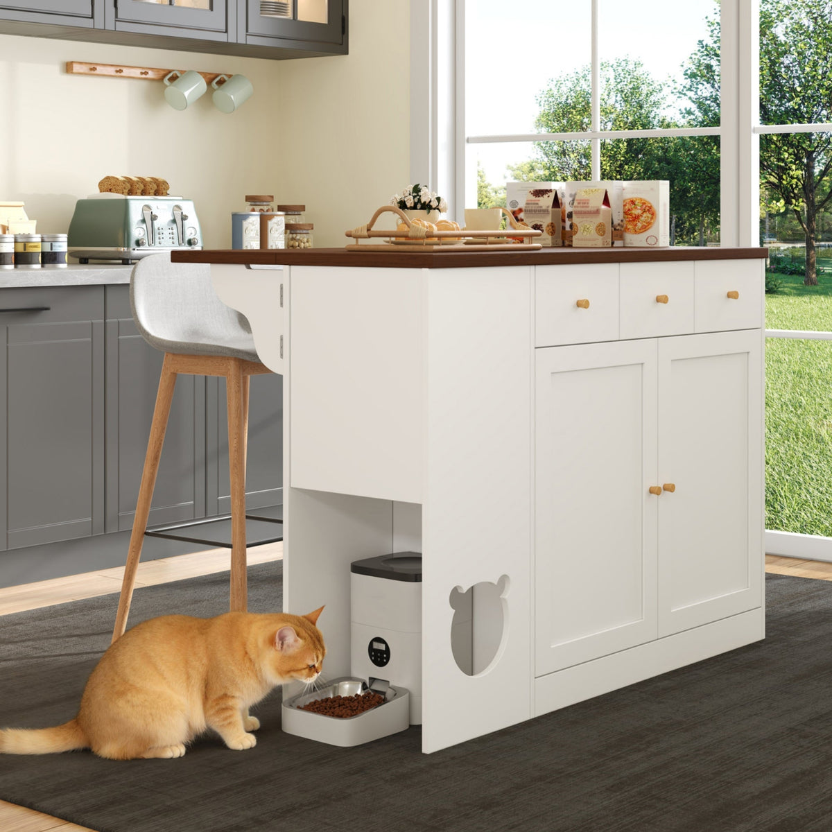 Kitchen Island Trolley Sideboard Drawers Pull-Out Worktop, White + Walnut Color