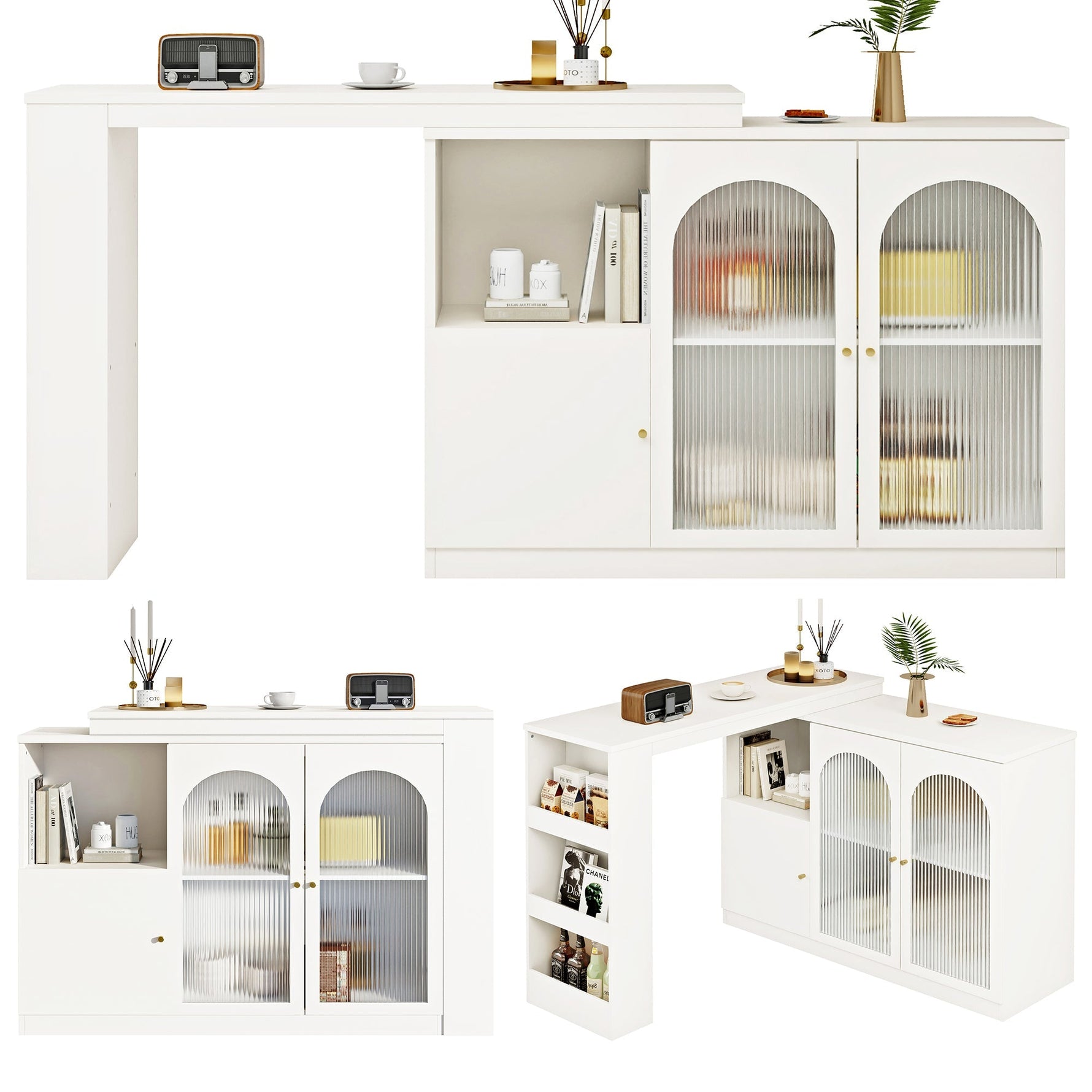 Bar Table, 360° Rotating Dining Cabinet with Glass Door, White