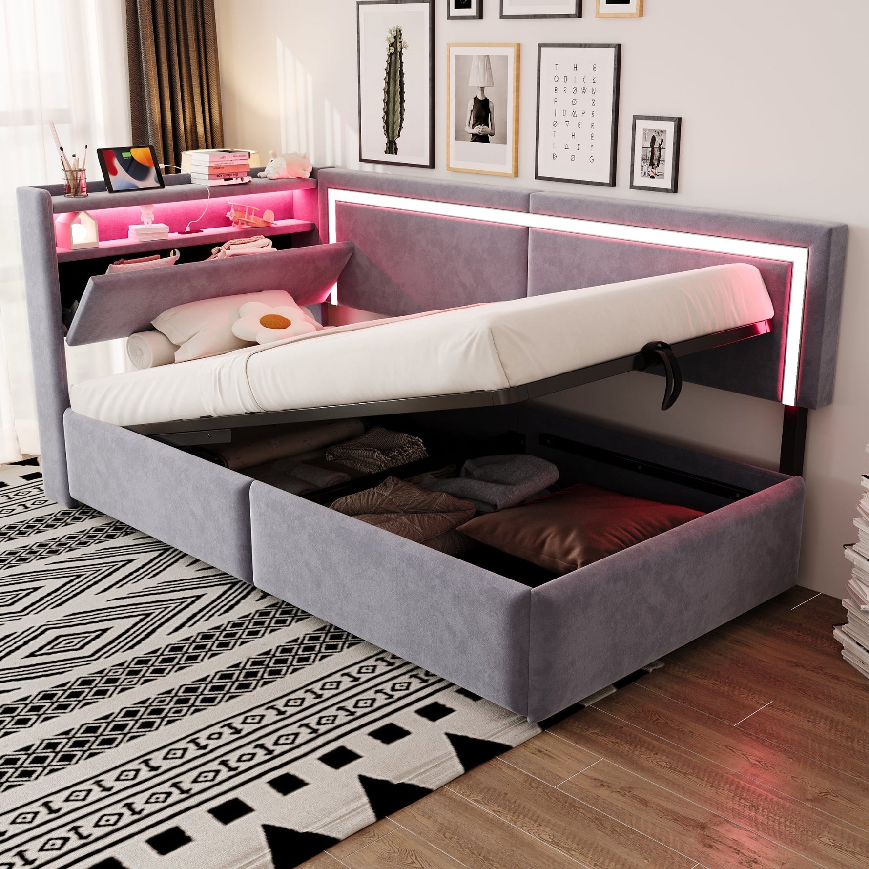 Upholstered Sofa Bed 90x200 LED USB Hydraulic Storage Light Grey Velvet