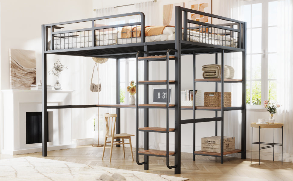 Metal Loft Bed, 140x200 cm with Ladder, Desk & Shelf, Black