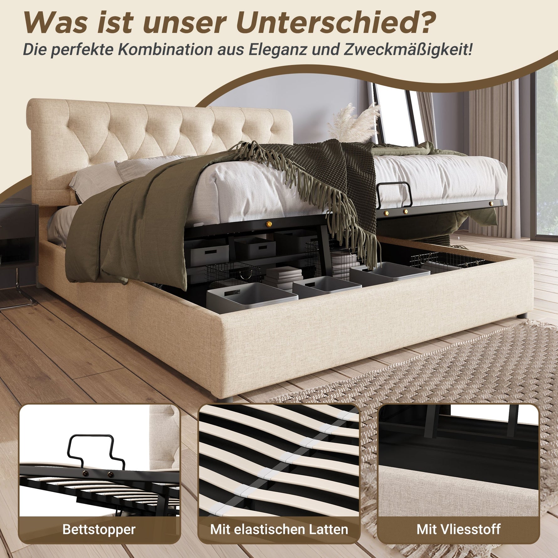Hydraulic Double Bed, 160x200cm Adjustable Headboard with Storage, Natural Wood