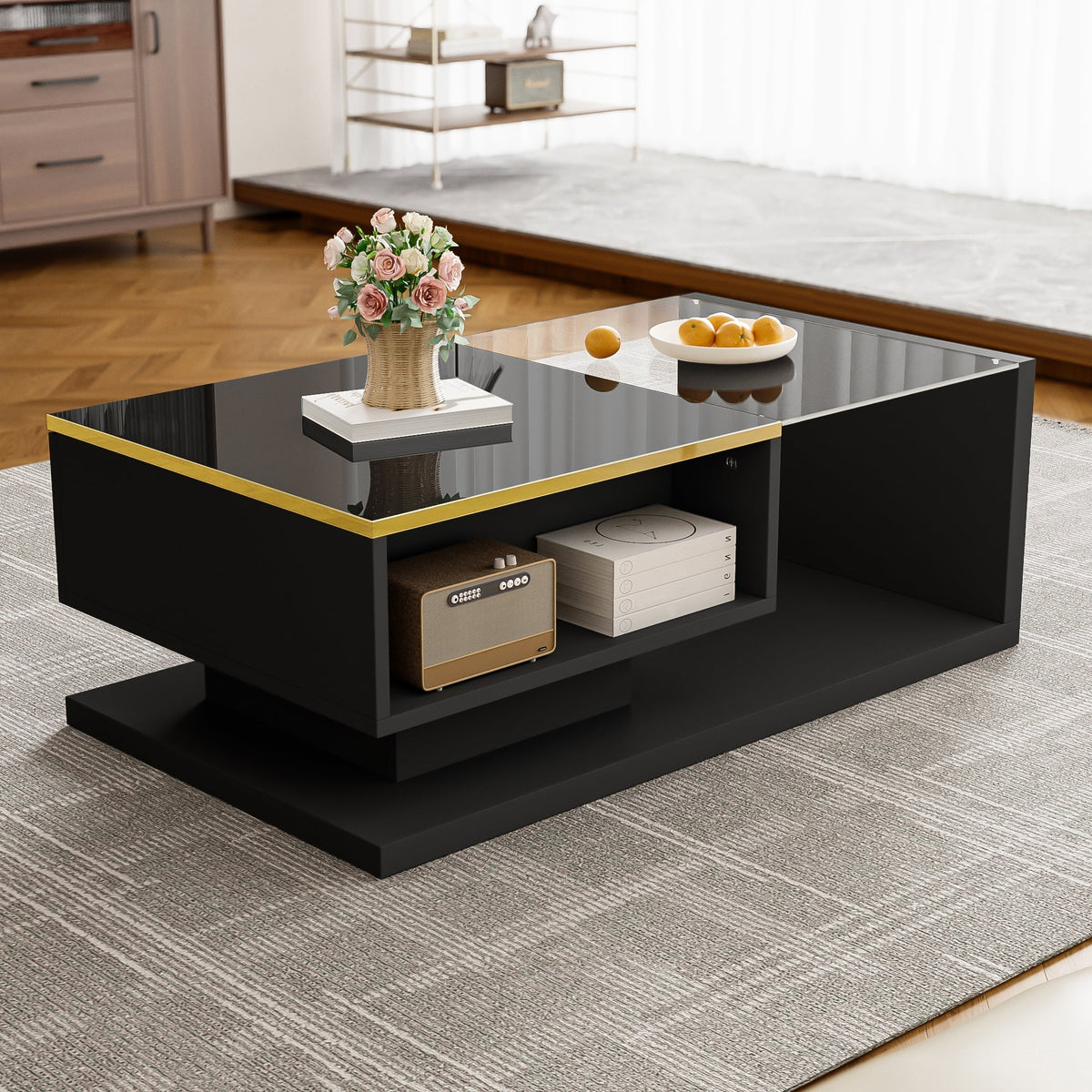 Coffee Table 90cm Long, High-Gloss Black with Glass & LED
