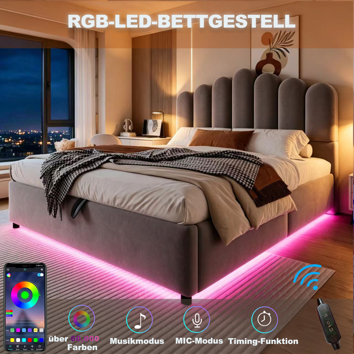 Upholstered Bed 140x200cm with Storage & LED Light - Grey Velvet