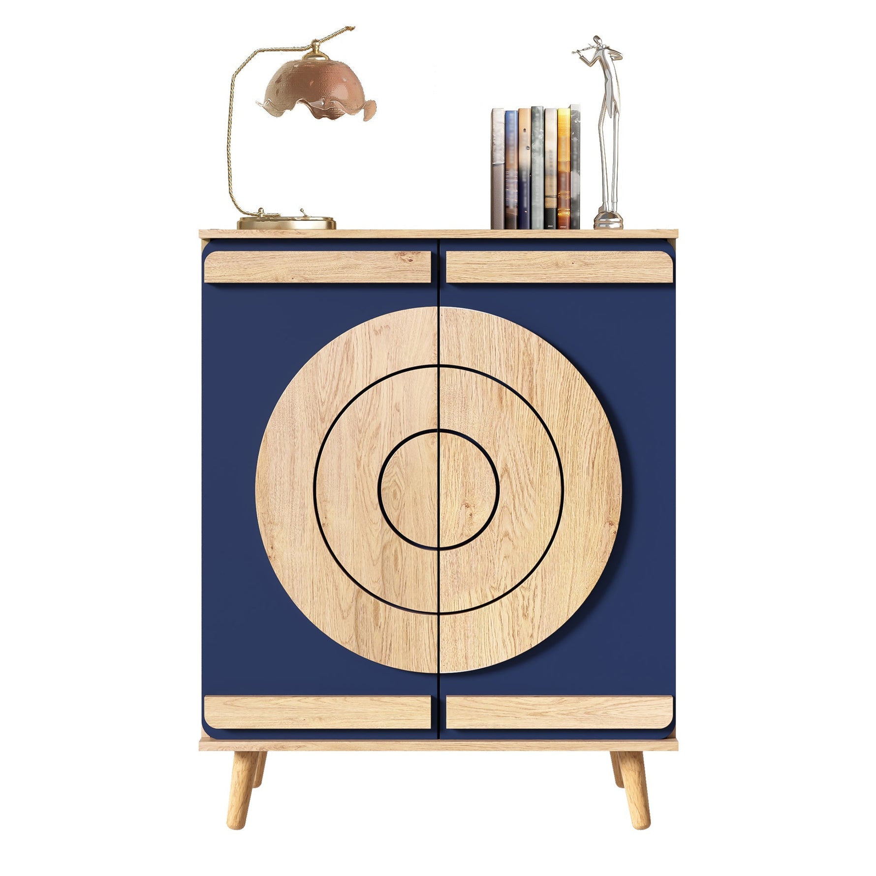 Modern Shoe Cabinet with Geometric Doors and Multi-Level Storage, Blue and Natural