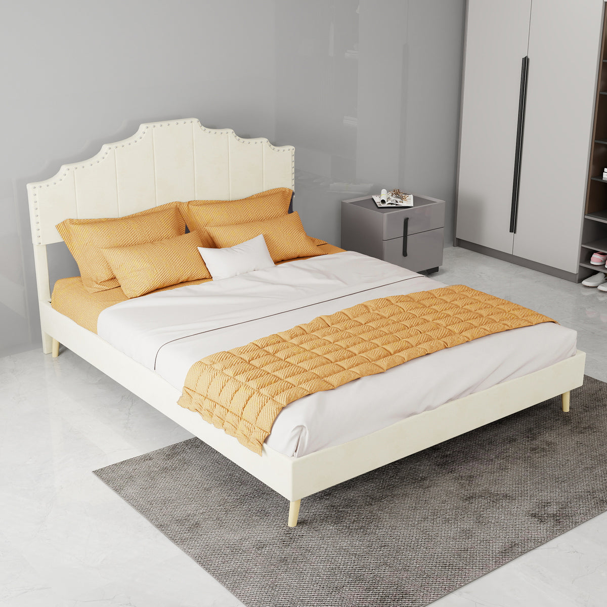 Modern Minimalist Soft Bed with Mattress 140x200cm, Beige