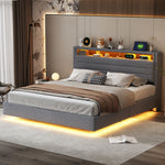 Upholstered Bed 160x200 cm, Hydraulic Floating Frame with Storage, USB & LED, Linen Grey