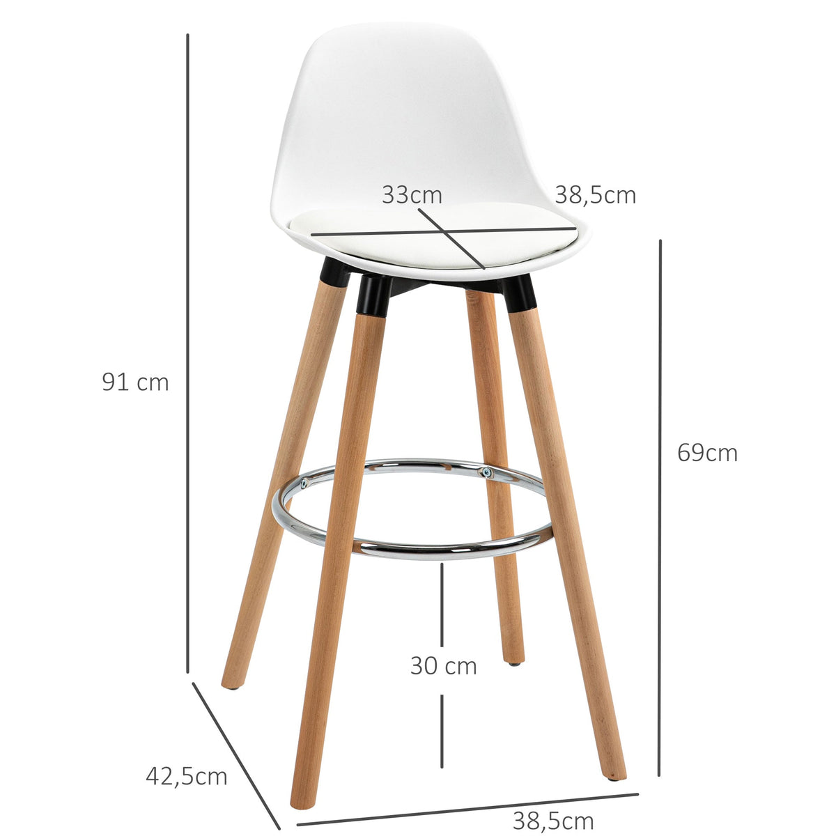 Set of 2 bar stools, kitchen stools, bar chair with footrests, artificial leather, white