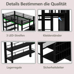 Loft Bed 90x200 LED Light Socket Storage Bookshelf - Black
