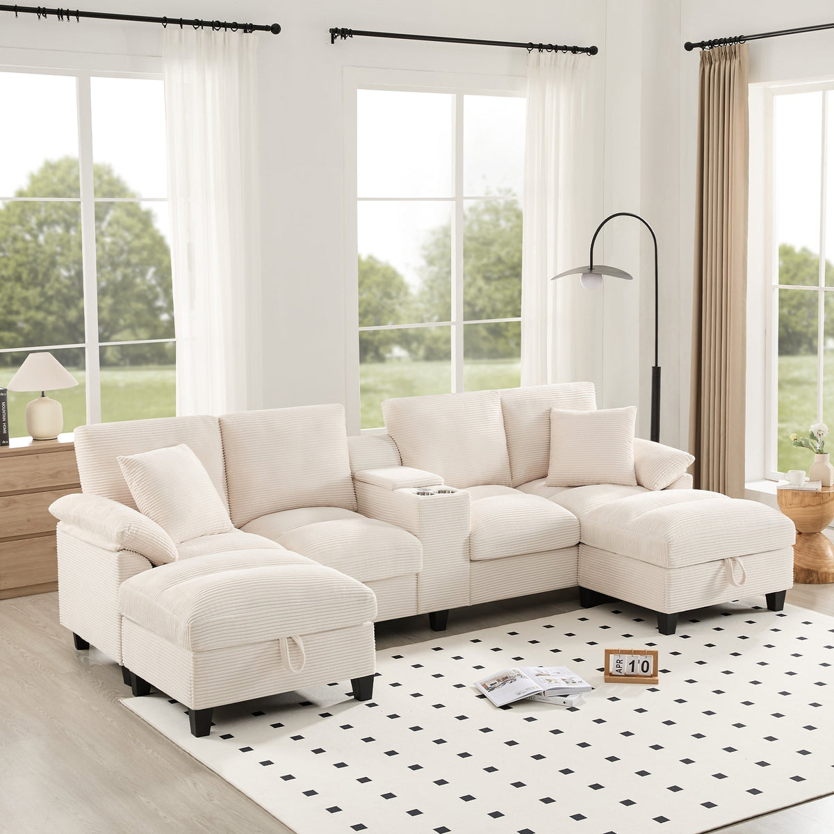 U-shaped Sofa 4-Seater with Storage USB Ports Cup Holders Oversized Corduroy