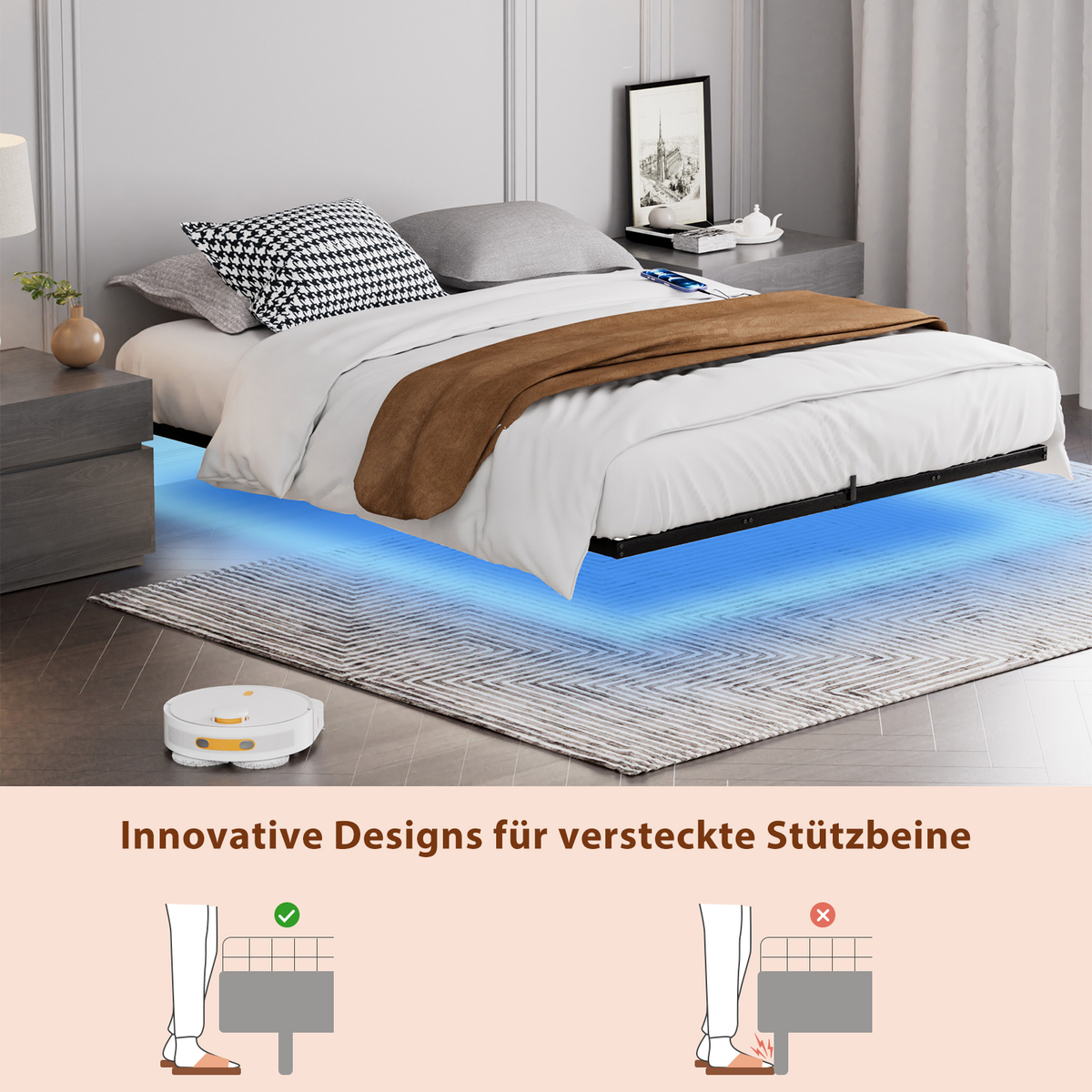 Floating Metal Bed with LED Lighting, 160x200 cm, Black