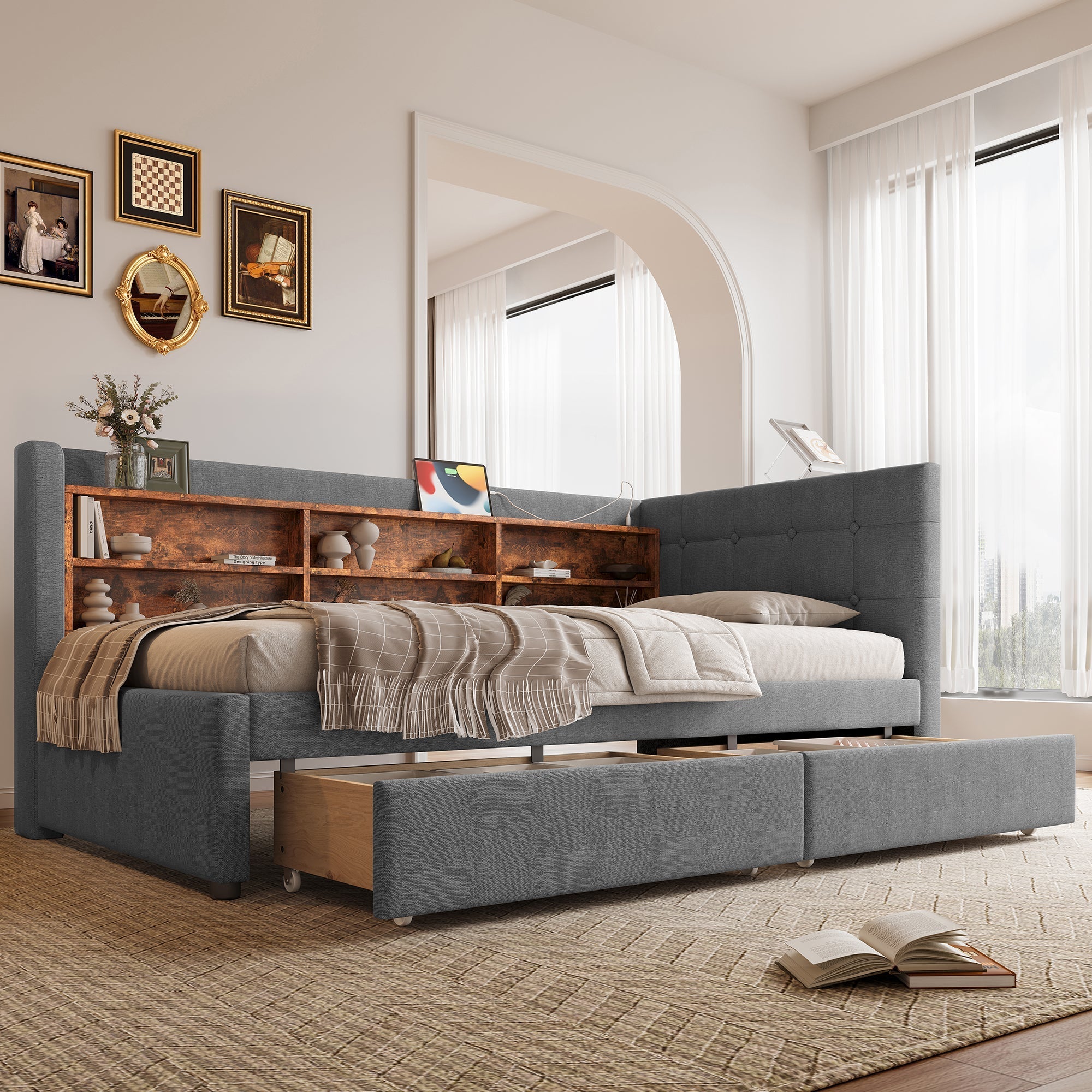Daybed Sofa Bed 90x200cm 2 Drawers USB/Type C Storage - Linen Grey