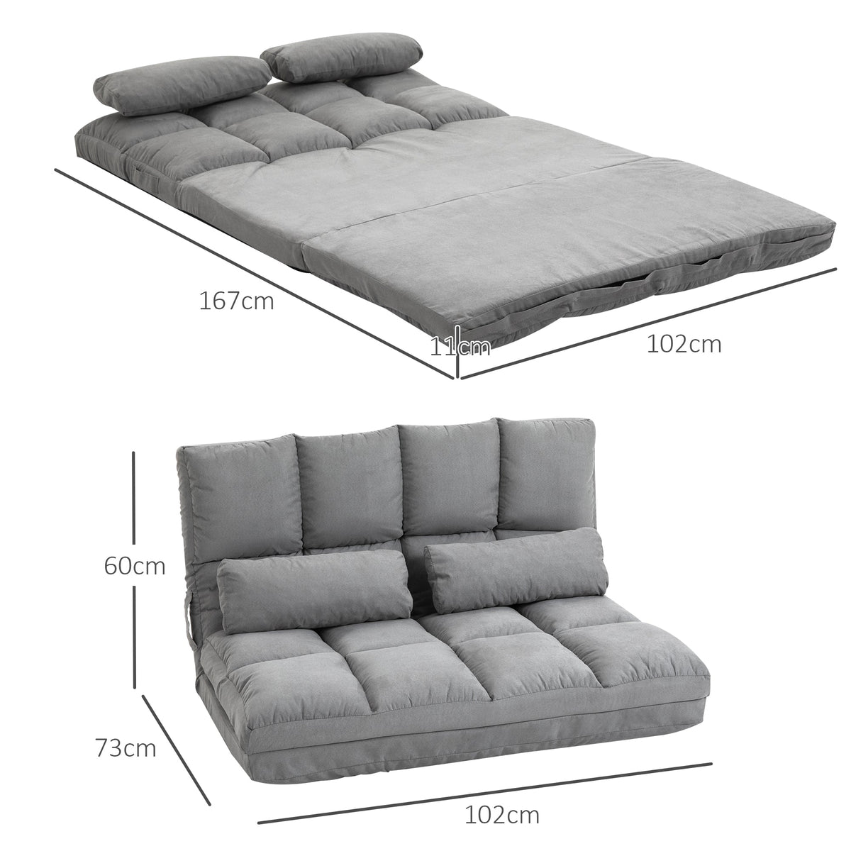 Floor Chair & Bed, Adjustable Backrest Seat Cushion, Grey Velvet & Steel