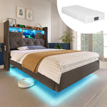 Upholstered Single Bed 90x200cm Floating Design LED Charging Station Storage, Linen Grey
