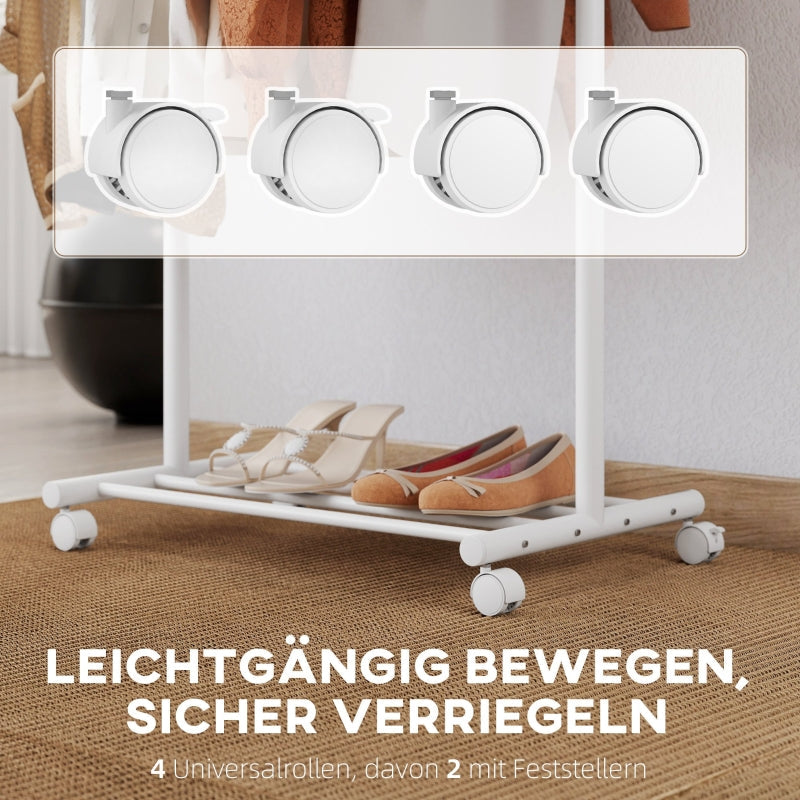 Clothes Rack, Mobile Wardrobe Rail 5 Hooks Shoe Rack, White