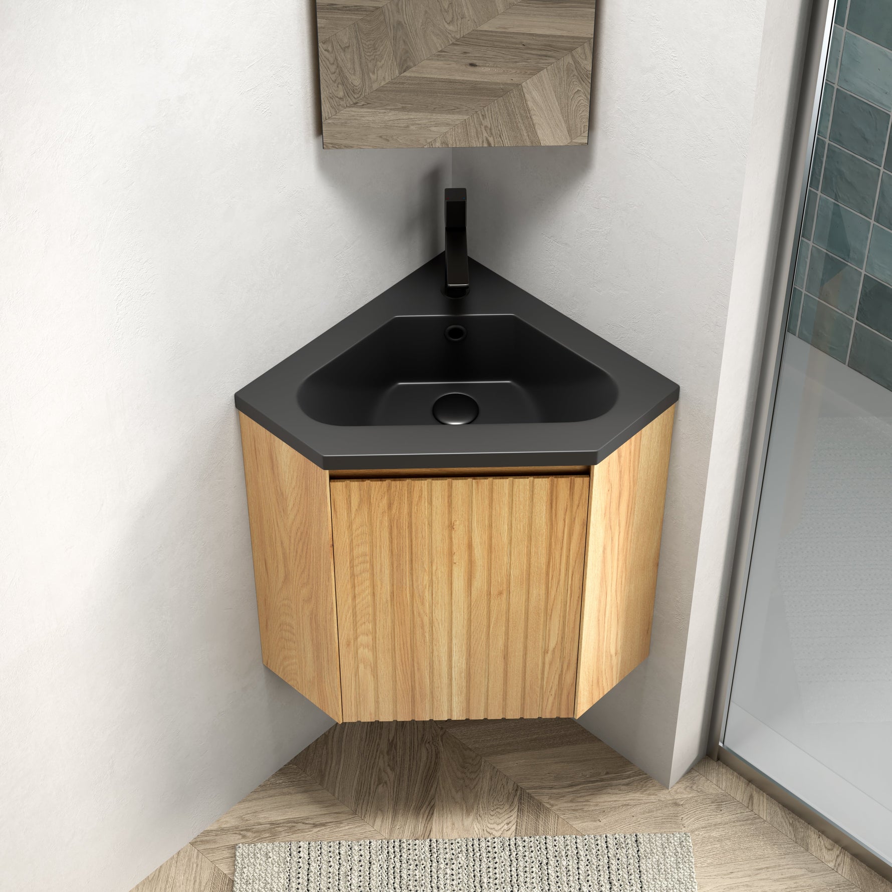 Wall-Mounted Corner Bathroom Vanity Unit with Matte Black Resin Basin, Natural Wood Grain