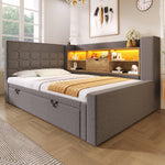 Upholstered Bed with Pull-Out Bed and LED Storage Headboard, Grey Linen