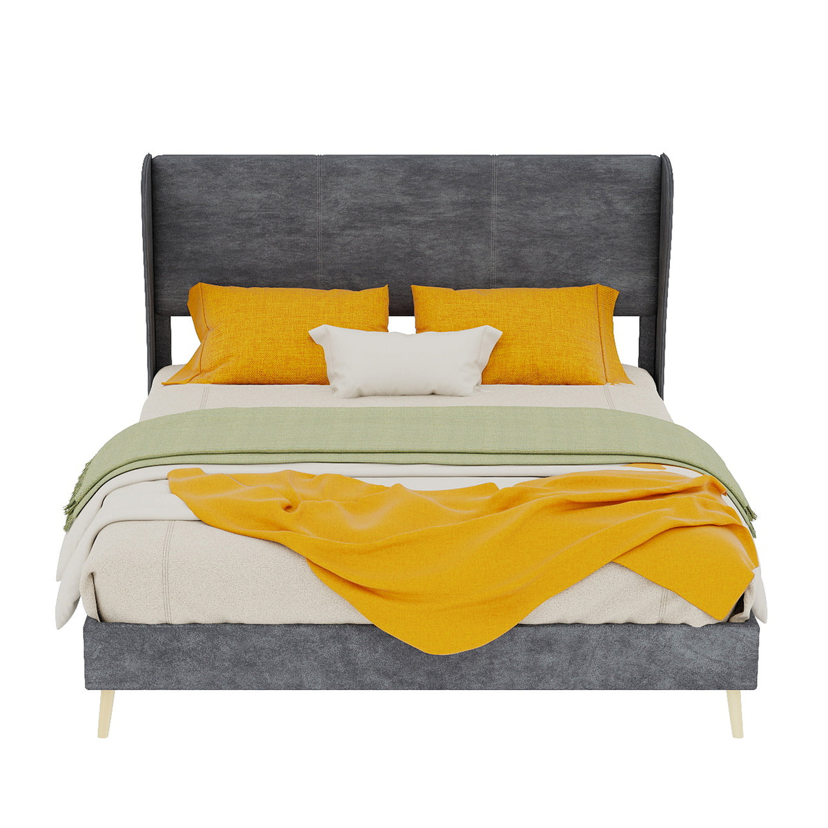 Modern Upholstered Bed with Mattress, 140x200 cm - Grey