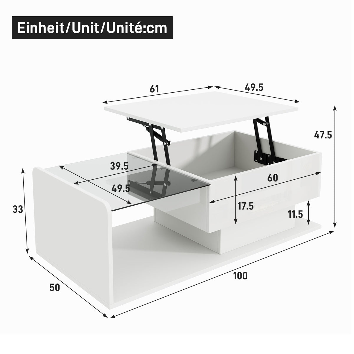 Coffee Table, Glass Top LED Effect, High-Gloss White