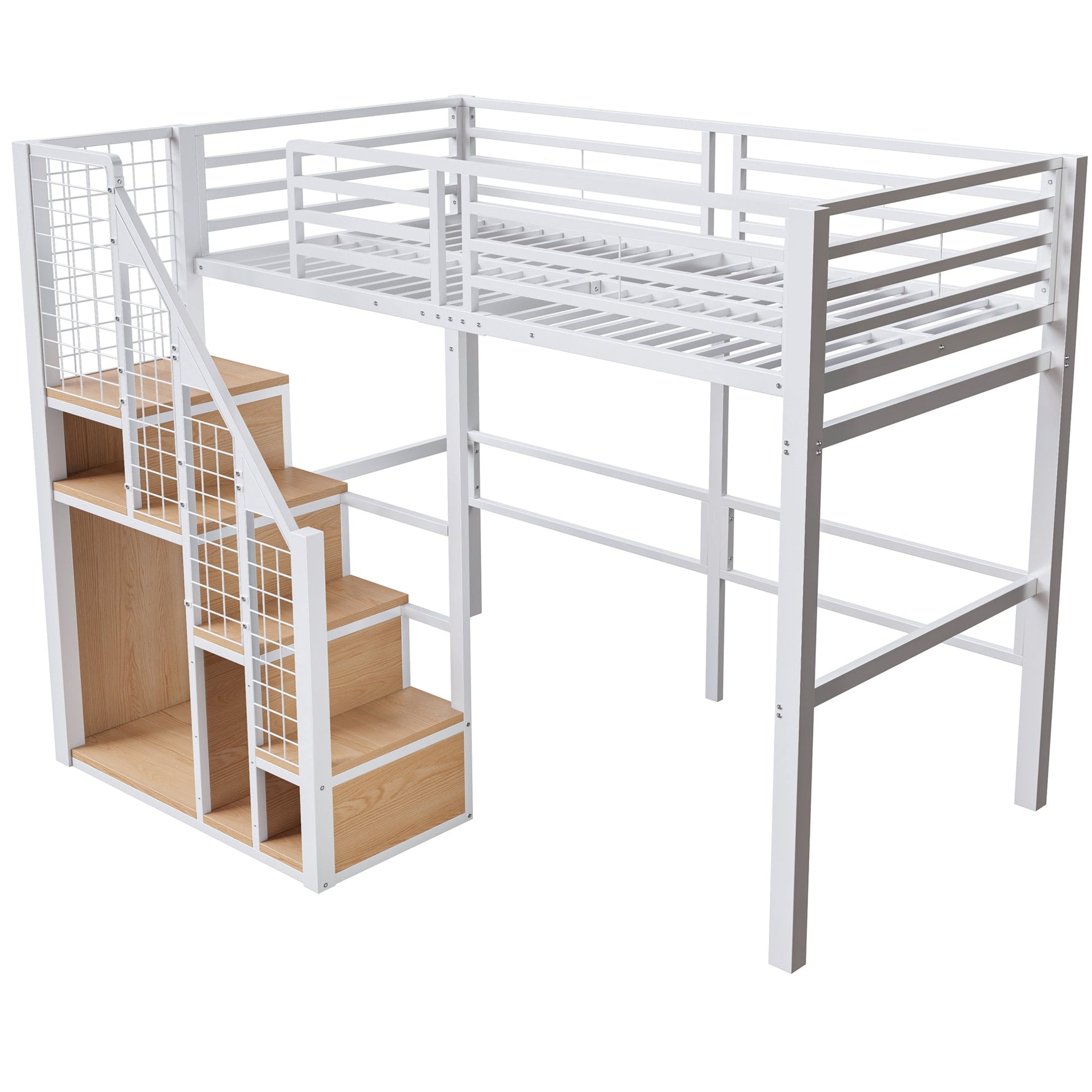 Loft Bed with Safety Ladder and Storage Area, 90x200cm, White Iron Frame