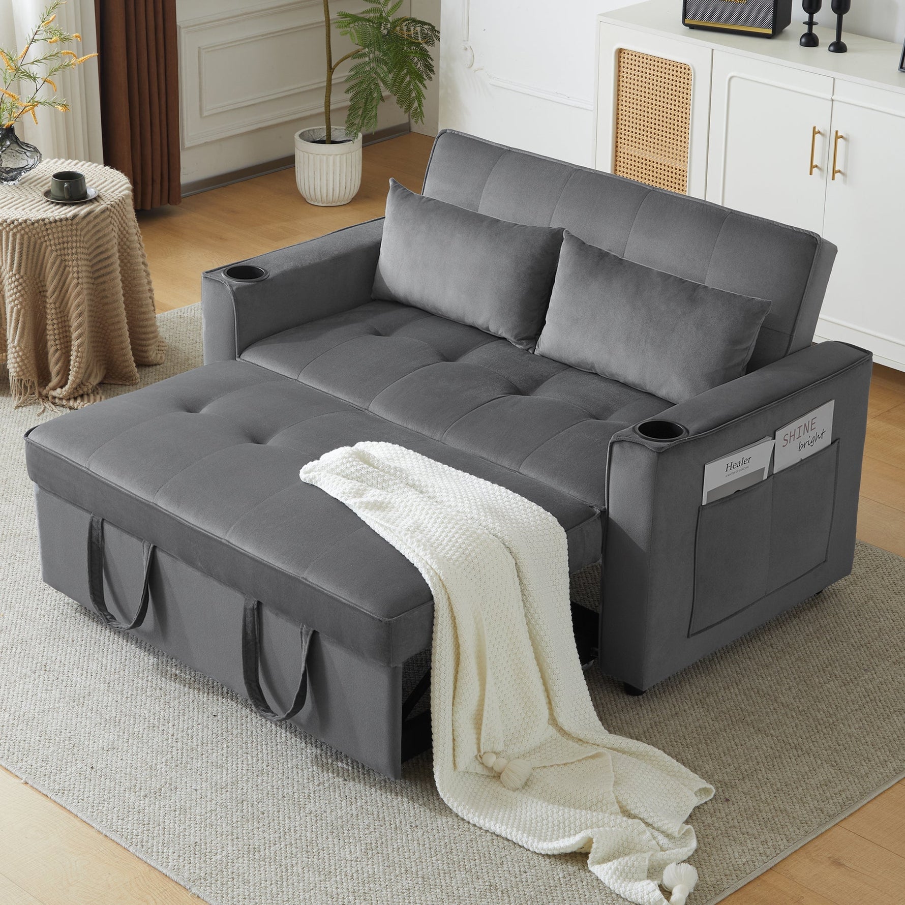 Foldable Sofa Bed, Multifunctional Sleeping Function Cup Holder Cushions