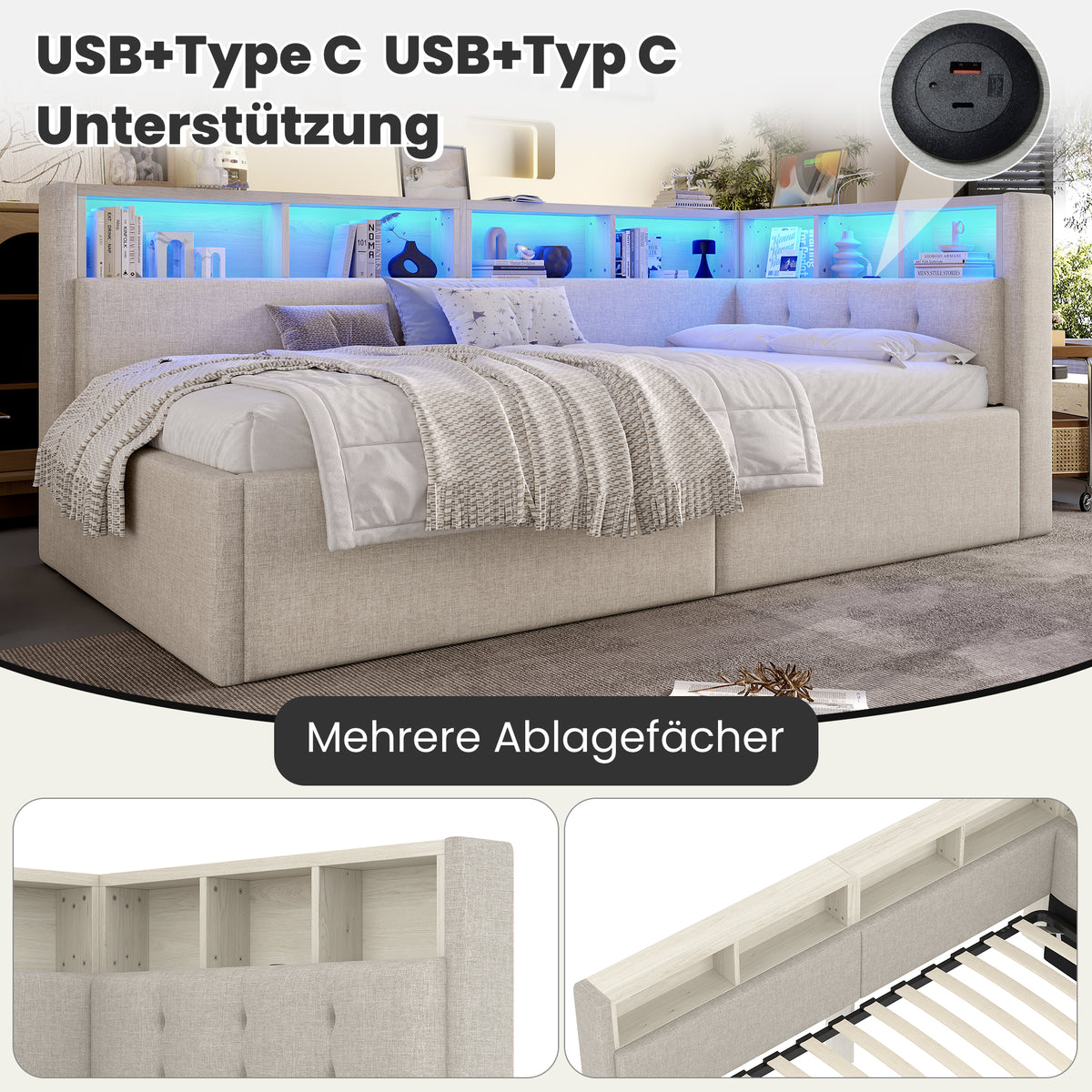 Daybed 90x200cm with Hydraulic Storage & LED, Beige Linen