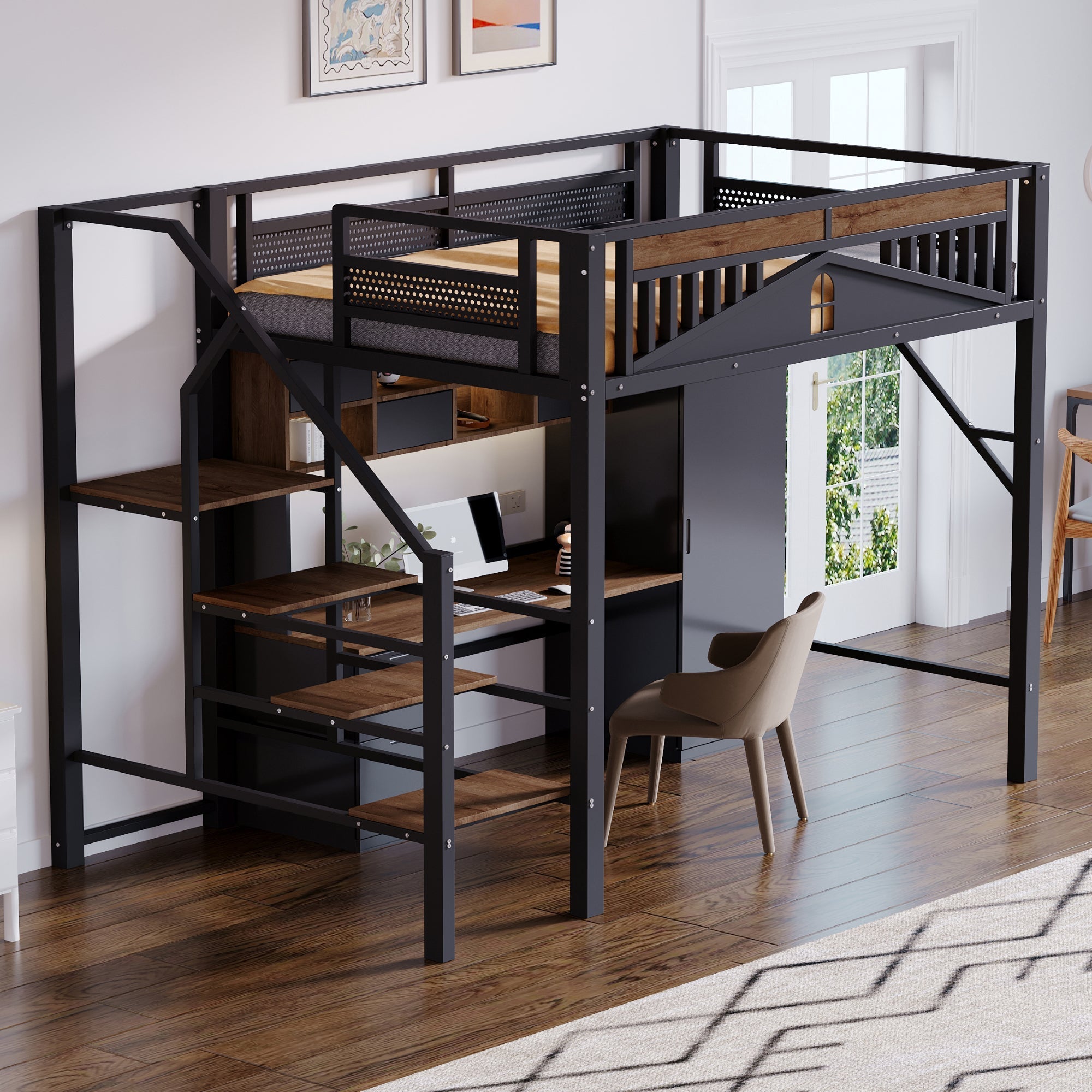 Metal Loft Bed, 140x200cm, Window Design, Safety Ladder, Storage, Black