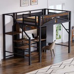 Metal Loft Bed, 140x200cm, Window Design, Safety Ladder, Storage, Black