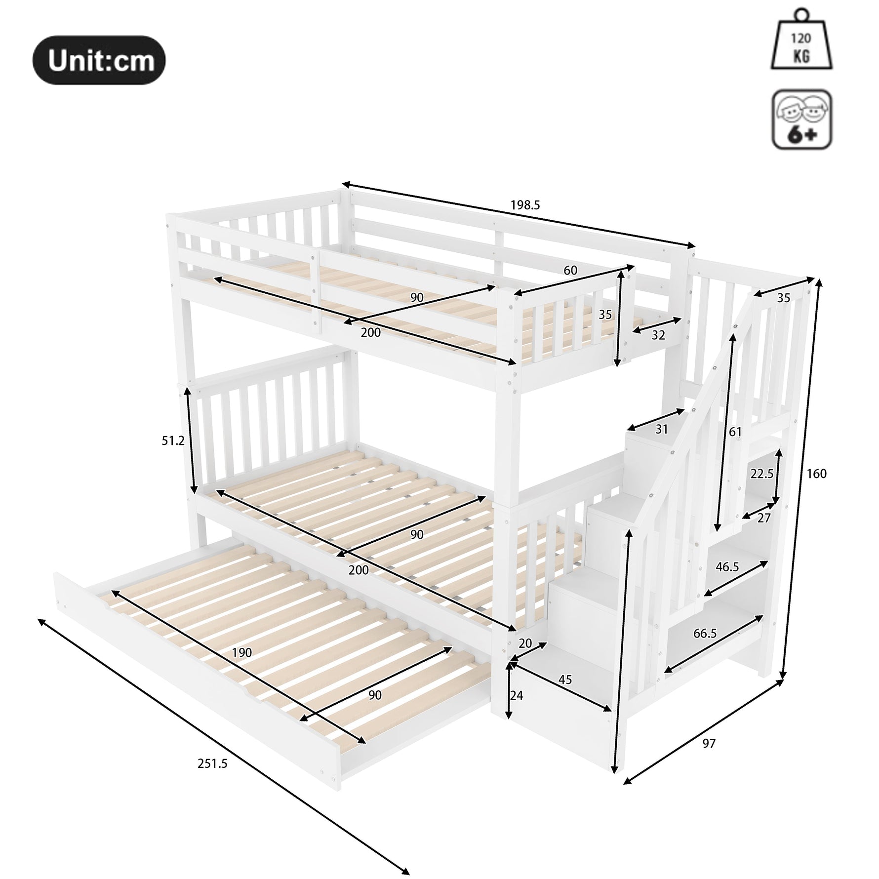 Bunk Bed with Stair Shelf and Pull-out Trundle Bed, 90x200cm, White