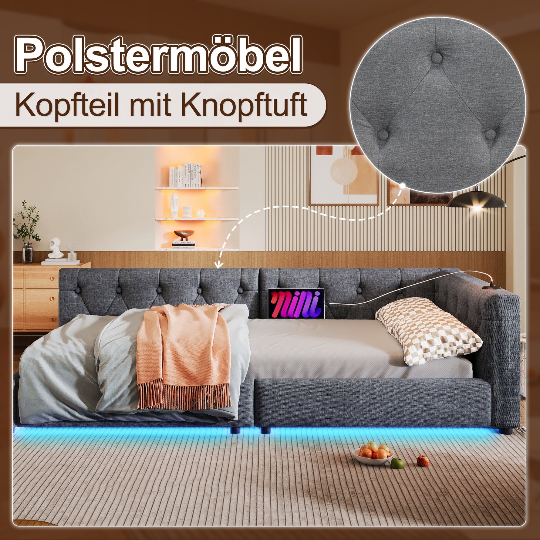 Sofa Bed Daybed 90x200cm Button Tufting Ambient LED USB-C Beige Linen