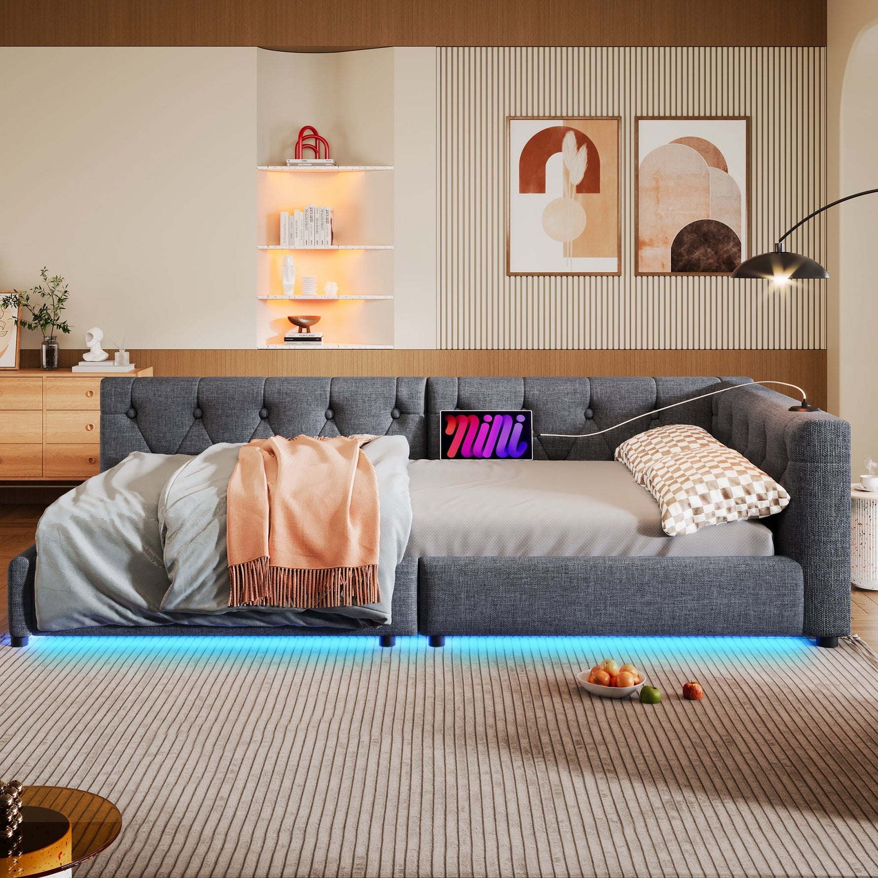 Sofa Bed Daybed 90x200cm Button Tufting Ambient LED USB-C Beige Linen