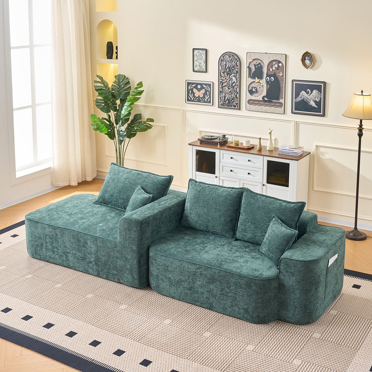 Cloud Couch L-Shaped Corner Sofa, 262cm with XXL Deep Seat and Chaise Longue, Green Chenille