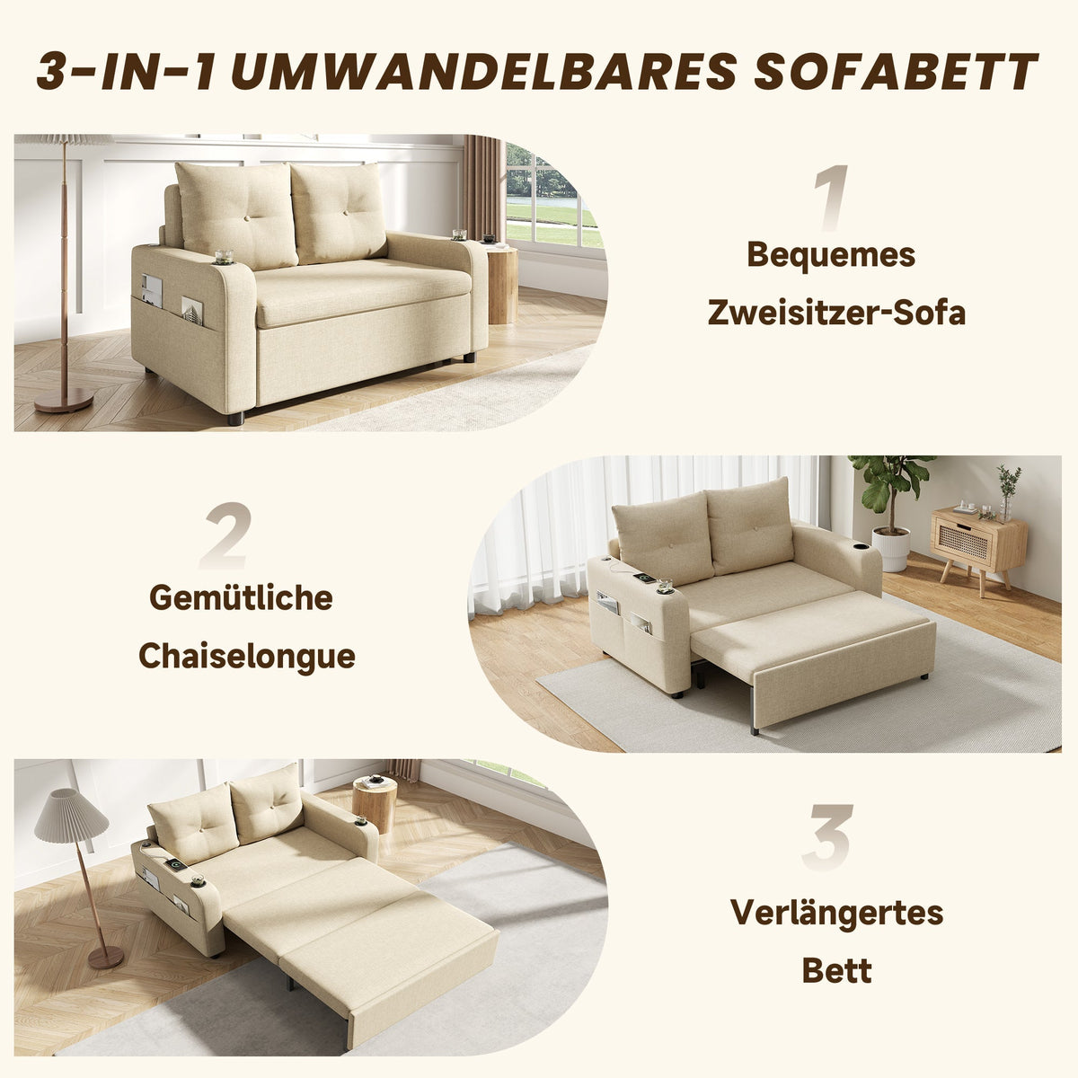 3-in-1 Sleeper Sofa with Pull-Out Bed, Cup Holder, USB Port and Side Pockets, Beige Cotton Linen