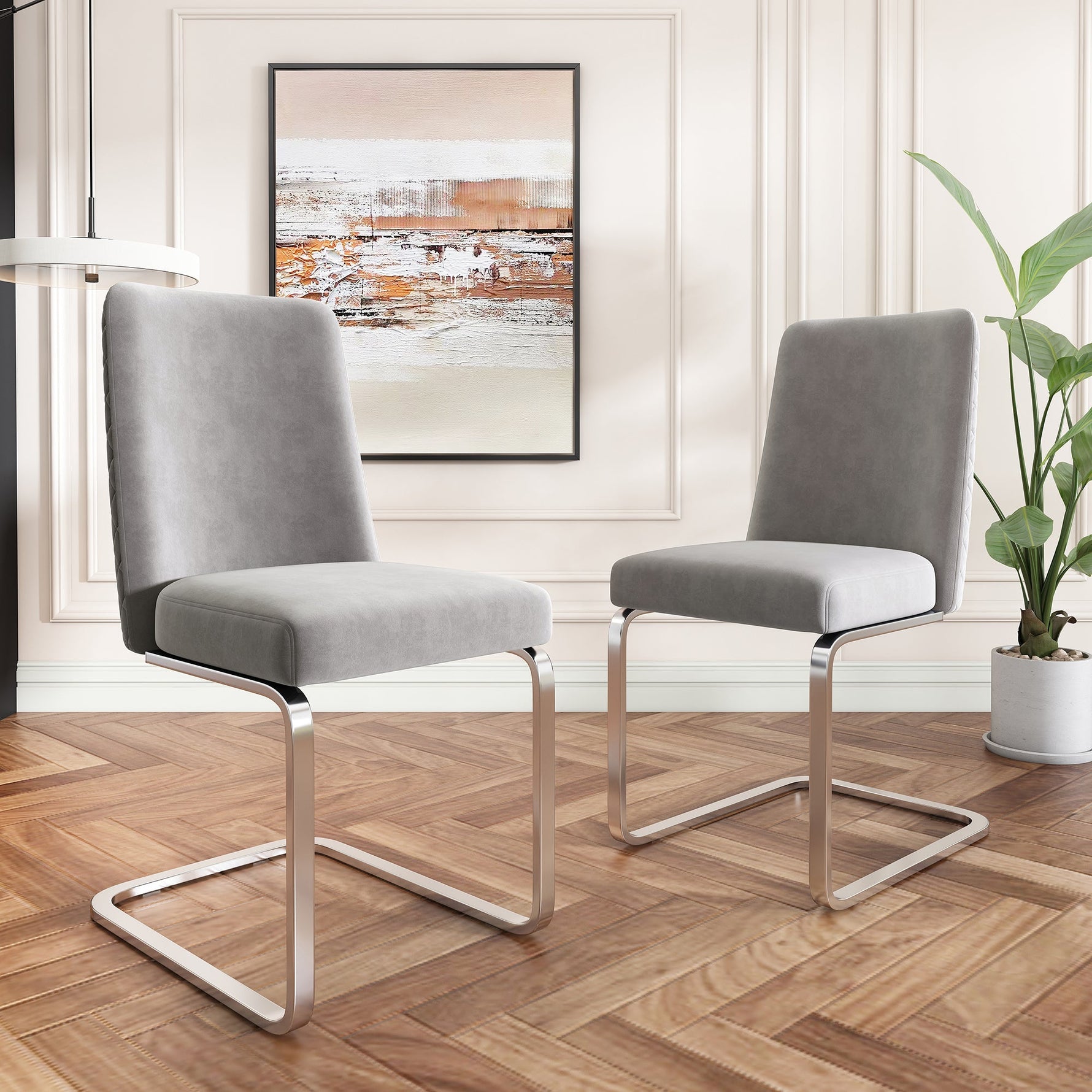 Velvet Dining Chair Set of 6, Diamond Back Design with Silver Metal Legs, Grey Velvet