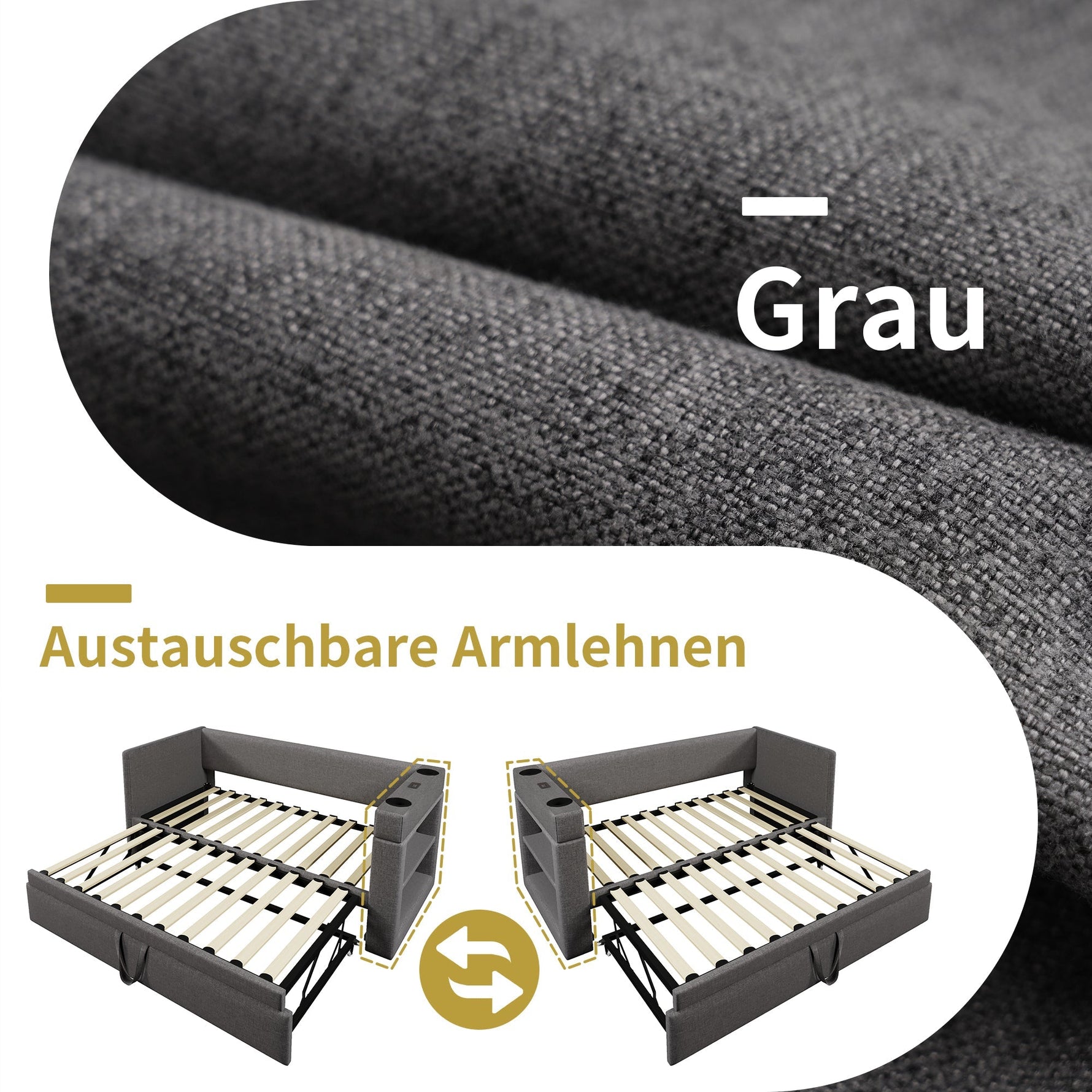 Upholstered Daybed 90x200cm, Single Sofa Bed Pull-Out, USB/Type-C Charging, Linen Blend Fabric Grey