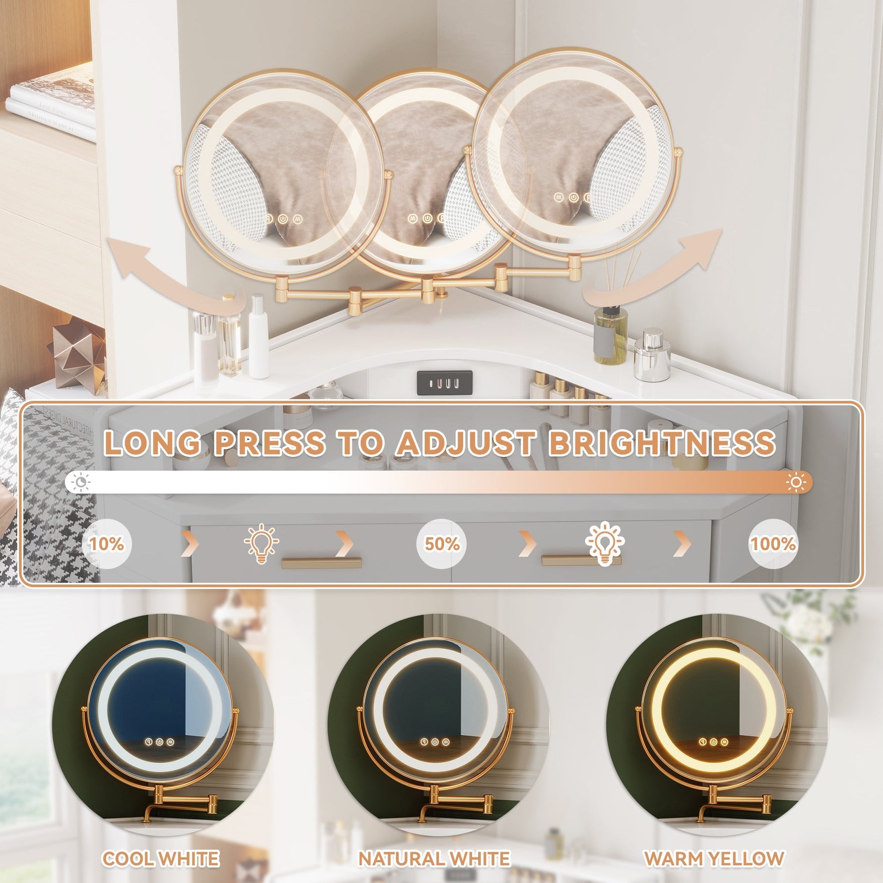 Corner Dressing Table Rotating LED Mirror 5 Drawers USB-C Ports White