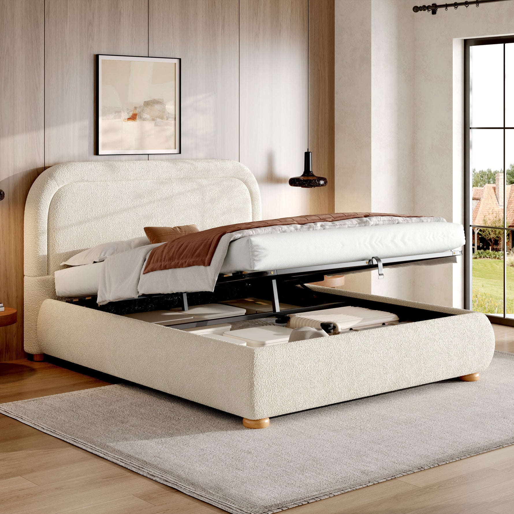 Upholstered Double Bed 140x190cm Hydraulic Storage Slatted Base Beige Bouclé