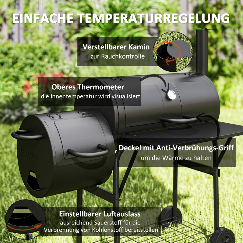 Charcoal Grill BBQ Smoker with Lid, Thermometer & Wheels, Steel