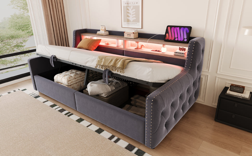 Upholstered Sofa Bed with Hydraulic Storage, LED Lighting and Charging Port, 90x200cm, Dark Grey