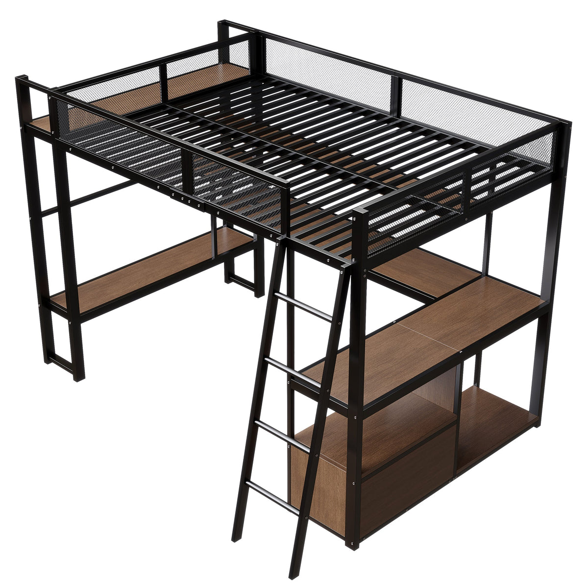 Metal Gaming Loft Bed with Integrated Workspace, LED Lighting and Storage, 140x200cm, Black