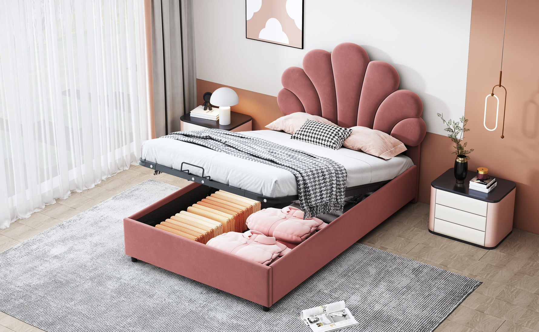 Upholstered Children's Bed 90x200cm Floral Headboard Hydraulic Storage Velvet Pink