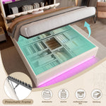 Upholstered Bed Frame, LED Lighting, USB-C Charging, Storage, Beige