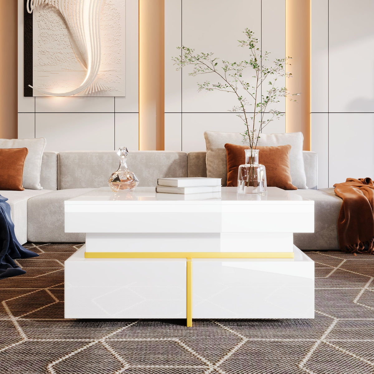 Coffee Table High-Gloss Drawers Gold Accents