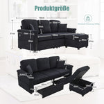 Velvet Sofa with LED & USB-C, Storage Footrest, Cup Holders, Black