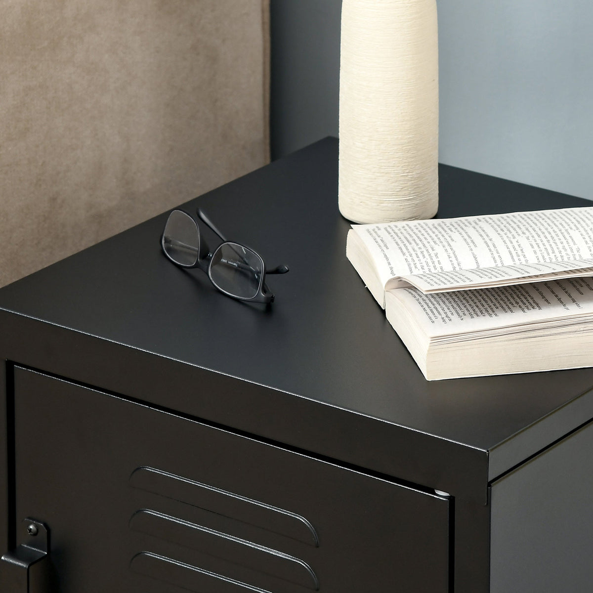Bedside Table with Adjustable Shelf and Door, Metal Black
