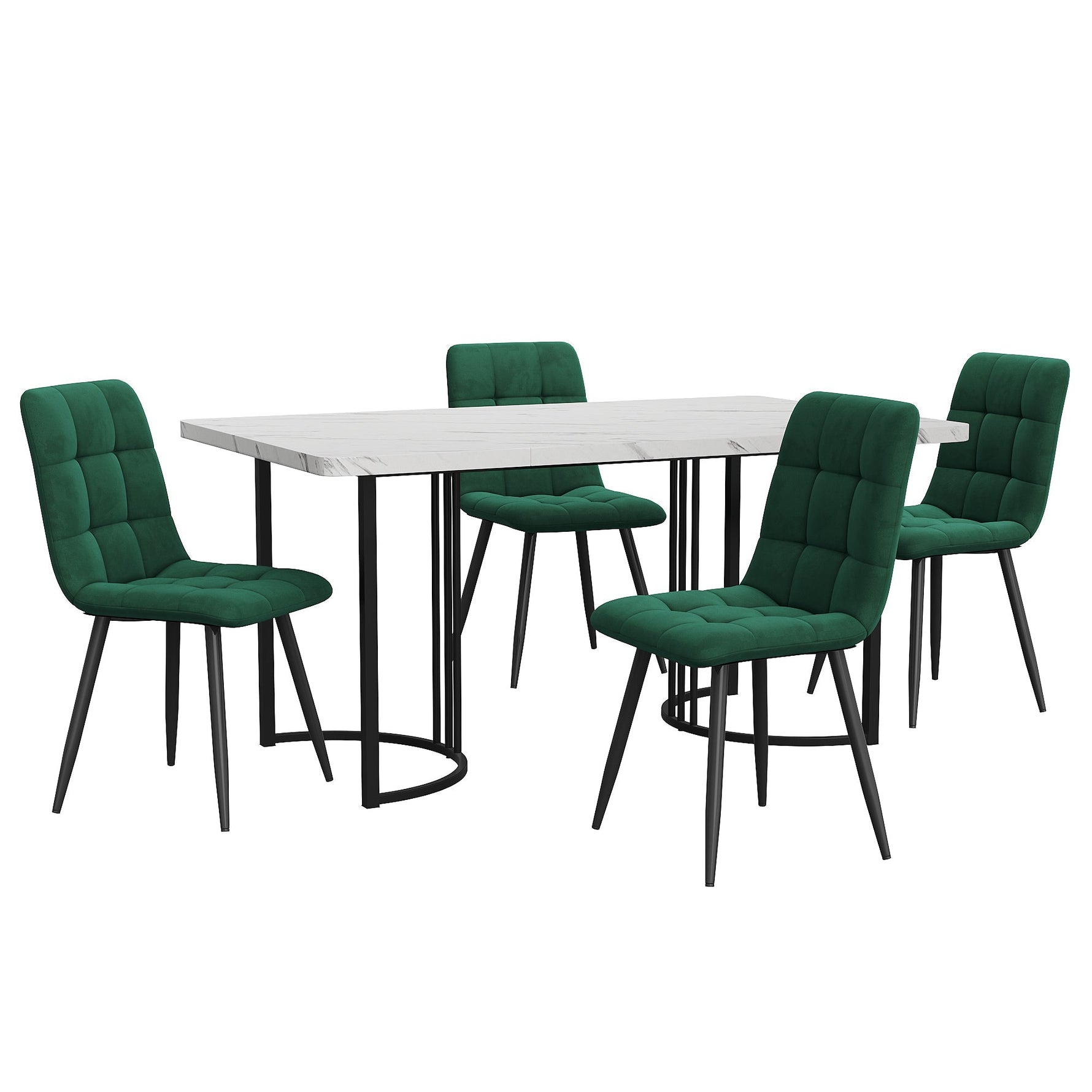 Dining Set 5-Piece 140x80cm Table White MDF Black Metal Legs Dark Green Velvet
